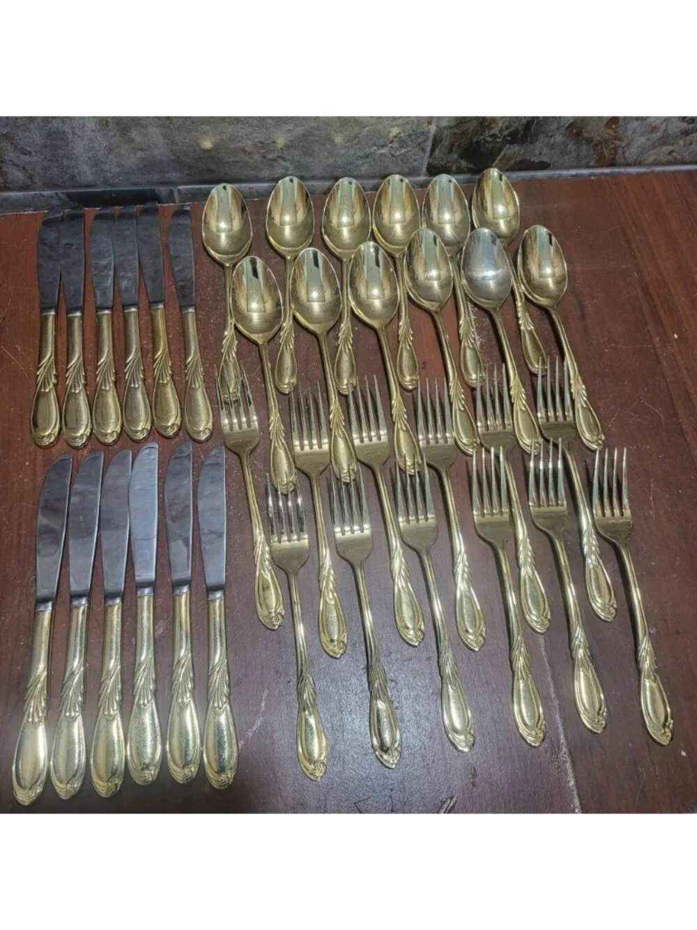 36 Piece Classic Plume Gold Electroplated Flatware Marked Stainless Steel Korea